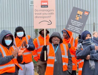 Amazon workers rallying outside the workplace. Photo GMB